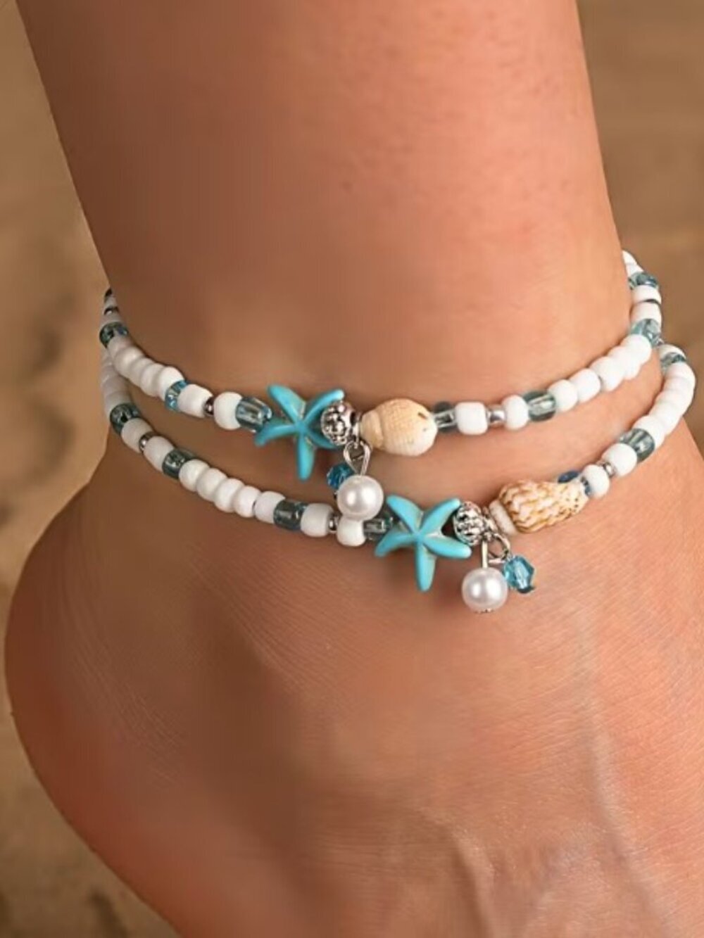 Ocean Style Seashell Starfish Pendant Double Layer Stackable Anklets Rice Bead